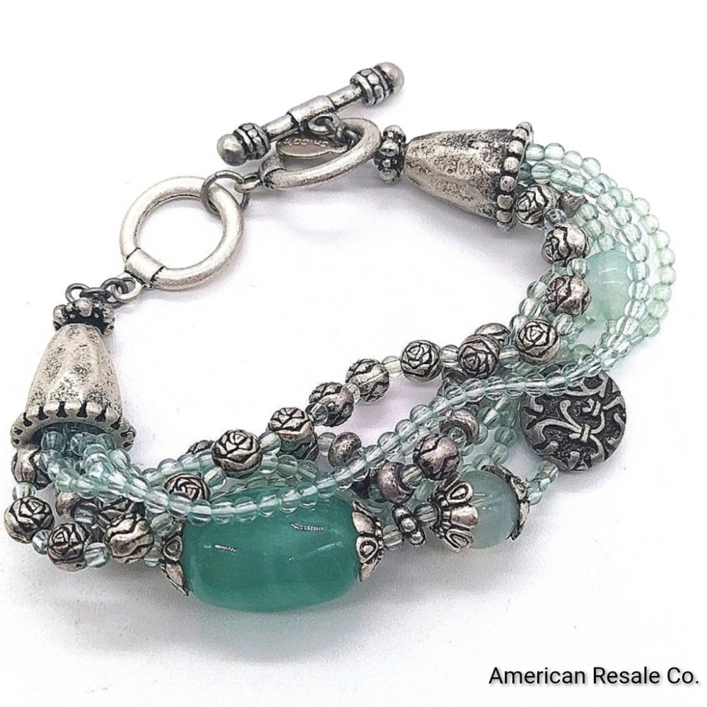 CHICO'S Cool Waters Antiqued Matte Silver Toggle Genuine Stone Bracelet